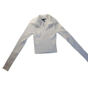 Forever 21 Ribbed Collared V-Neck Long Sleeve Top Women's M Minimalist‎ Y2K